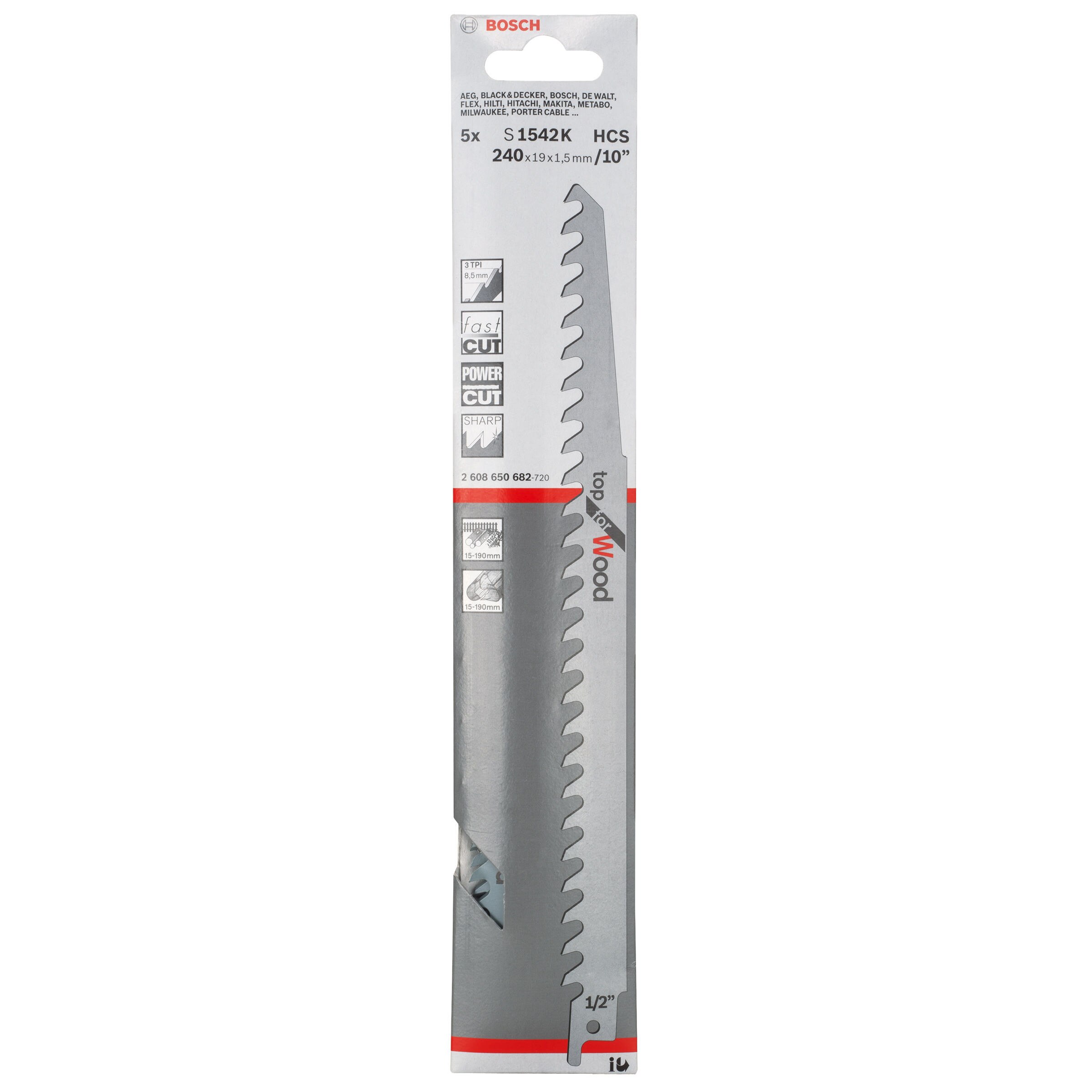 Bosch S1542K Top Reciprocating Saw Blade for Wood 240mm (Pack of 5)