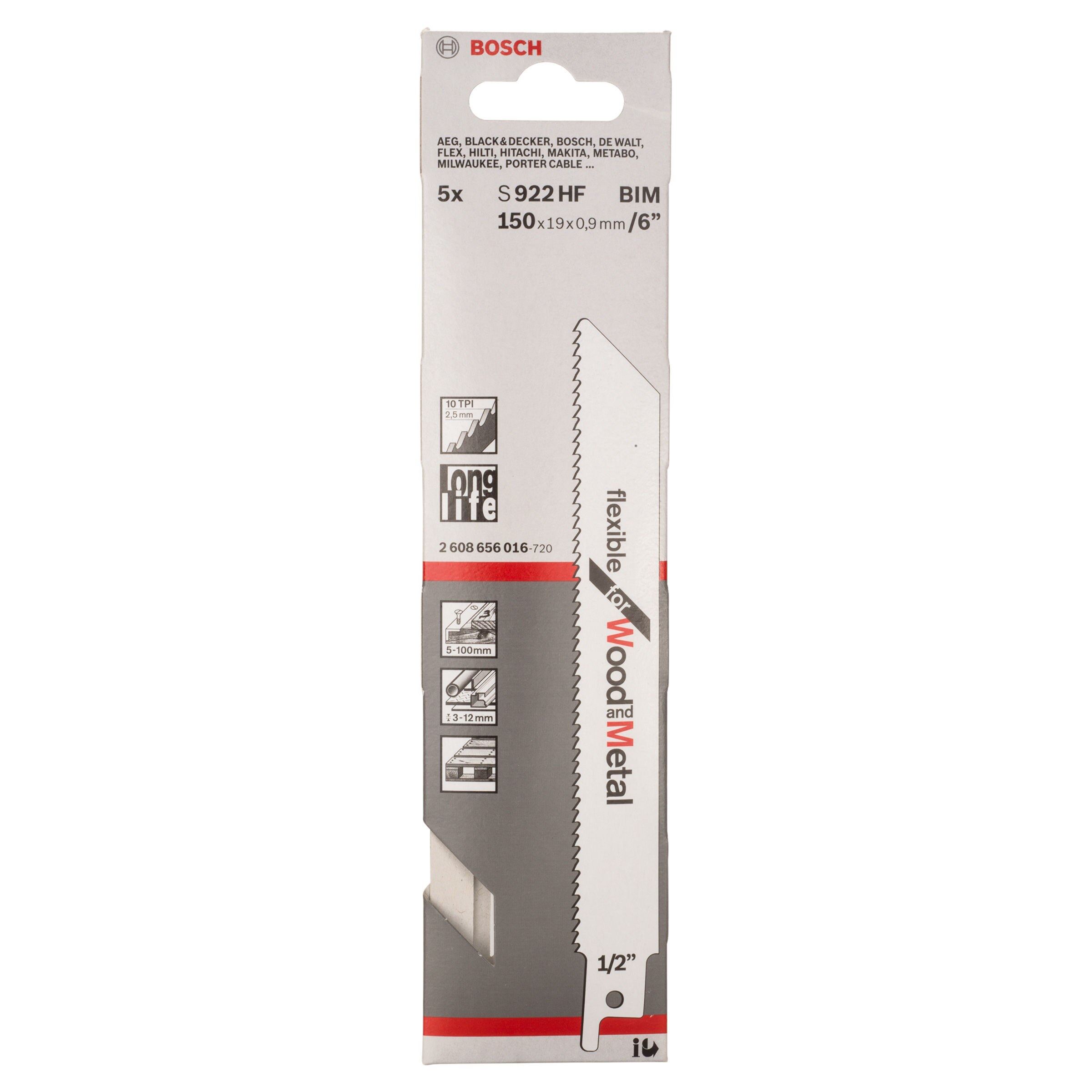 Bosch S922HF Flexible Reciprocating Saw Blade for Wood & Metal 150mm (Pack of 5)