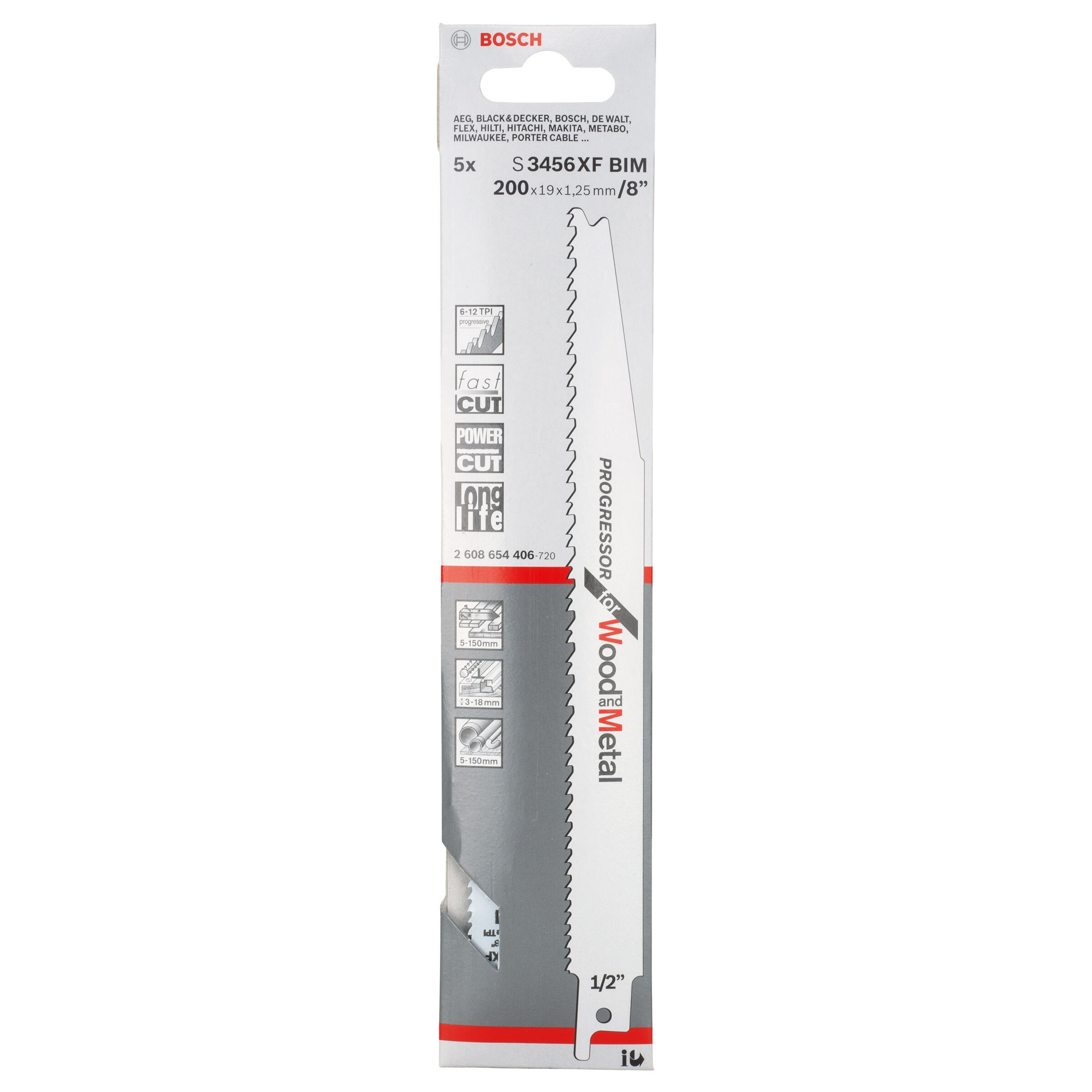 Bosch S3456XF Progressor Reciprocating Saw Blade for Wood & Metal 200mm (Pack of 5)