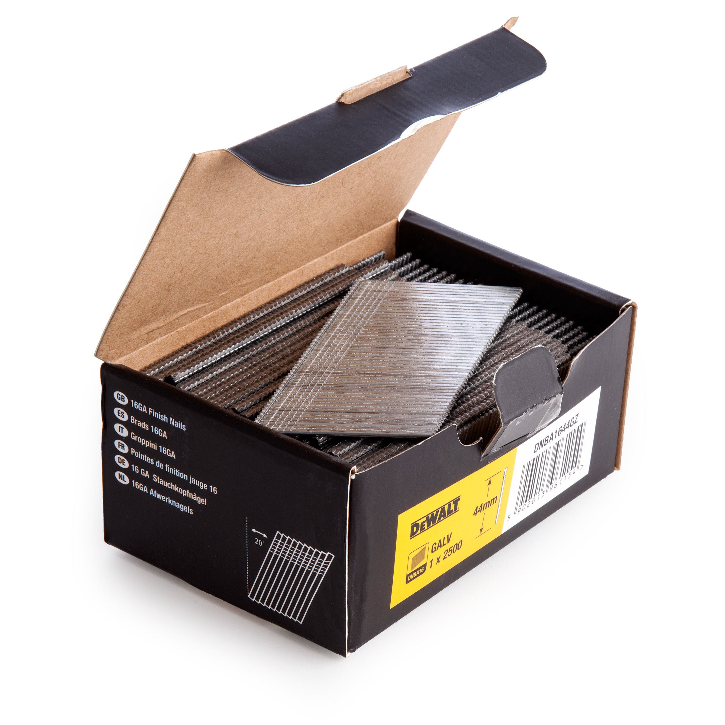 Dewalt DNBA1644GZ Galvanised Angled Finish Nail 16GA 44mm (Pack of 2500)