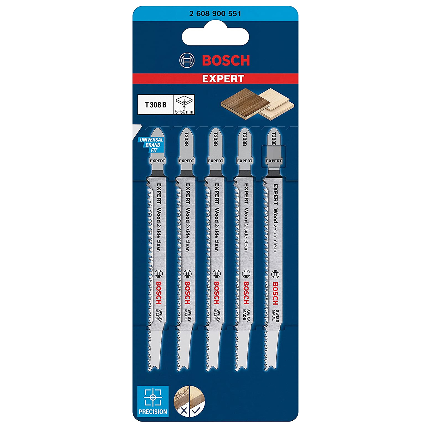 Bosch T308B EXPERT Clean 2-Side Jigsaw Blade for Wood 117mm (Pack of 5)