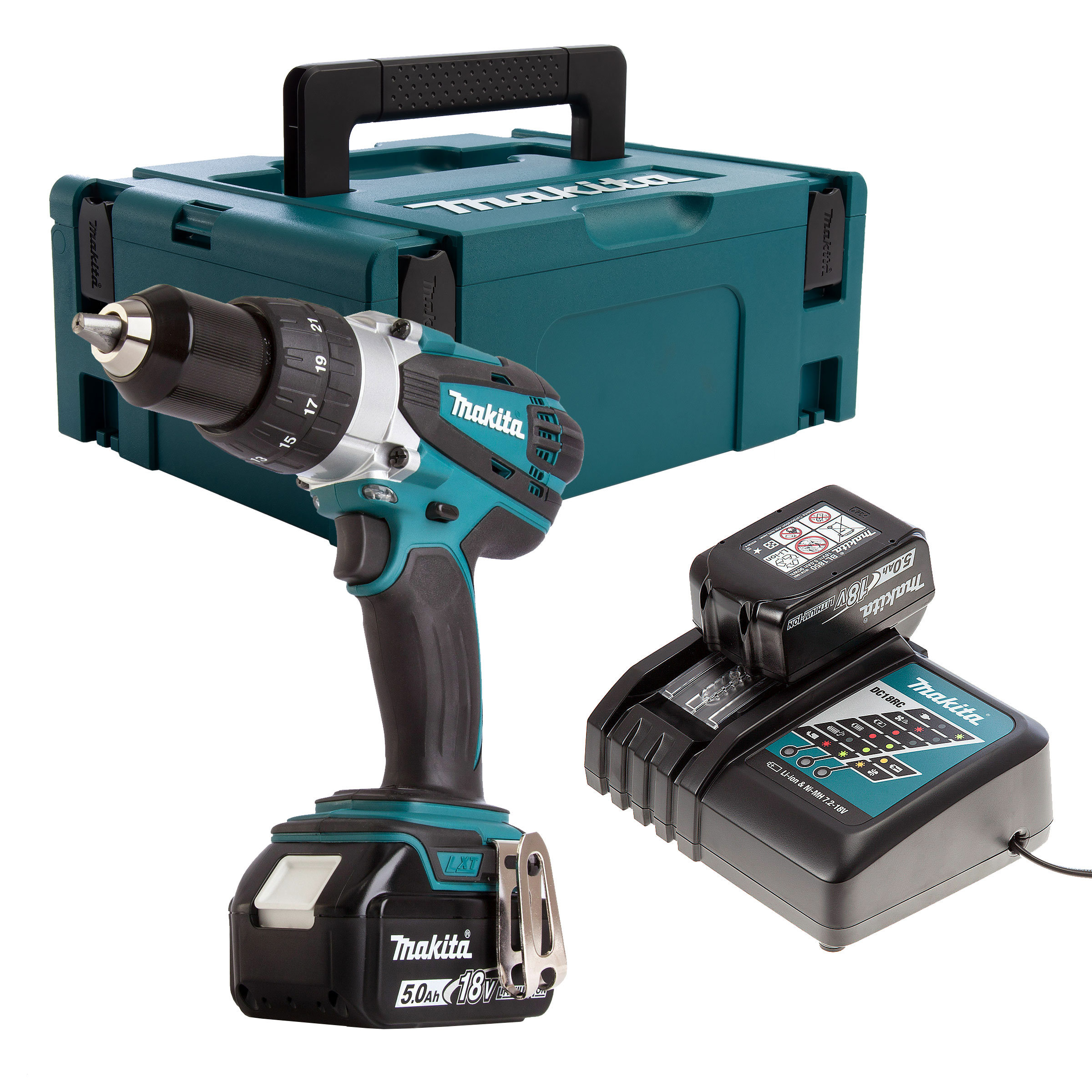 Makita DHP458 LXT 18V Combi Drill in Makpac Case (2 x 5.0Ah Batteries)