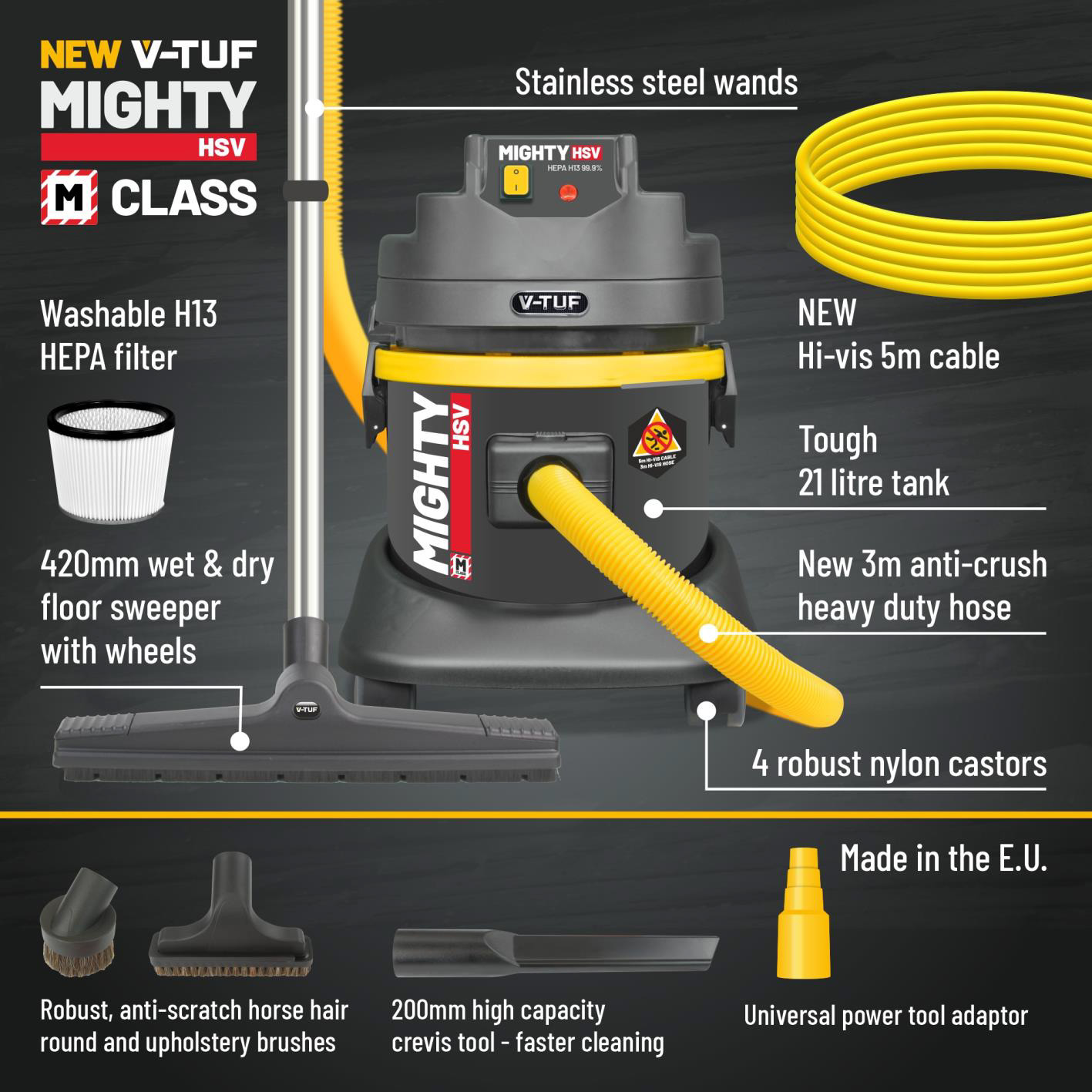 V-TUF MIGHTY HSV M-Class Wet & Dry Dust Extractor 21L - Health & Safety Version (110V)