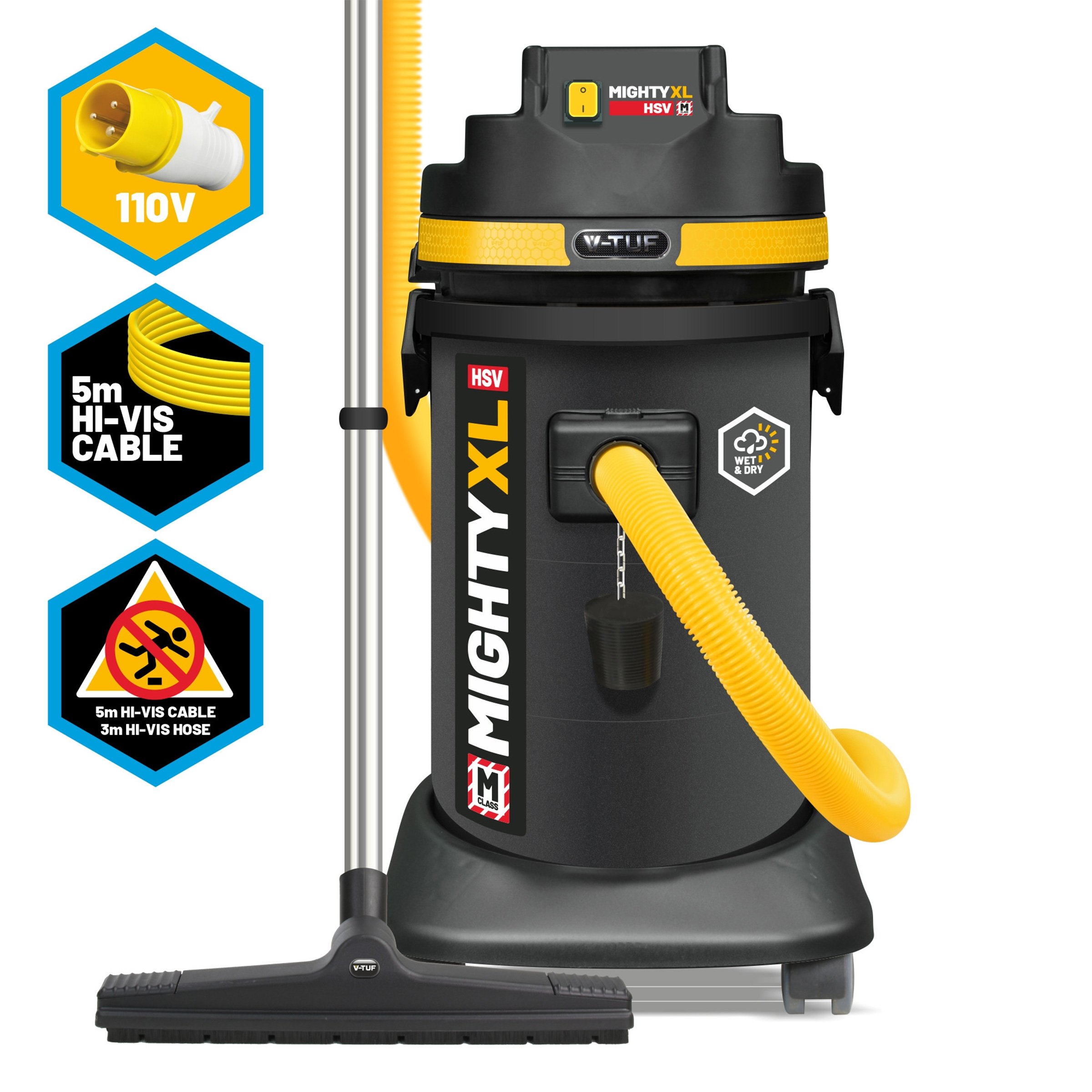 V-TUF MIGHTY XL HSV M-Class Wet & Dry Dust Extractor 37L - Health & Safety Version (110V)