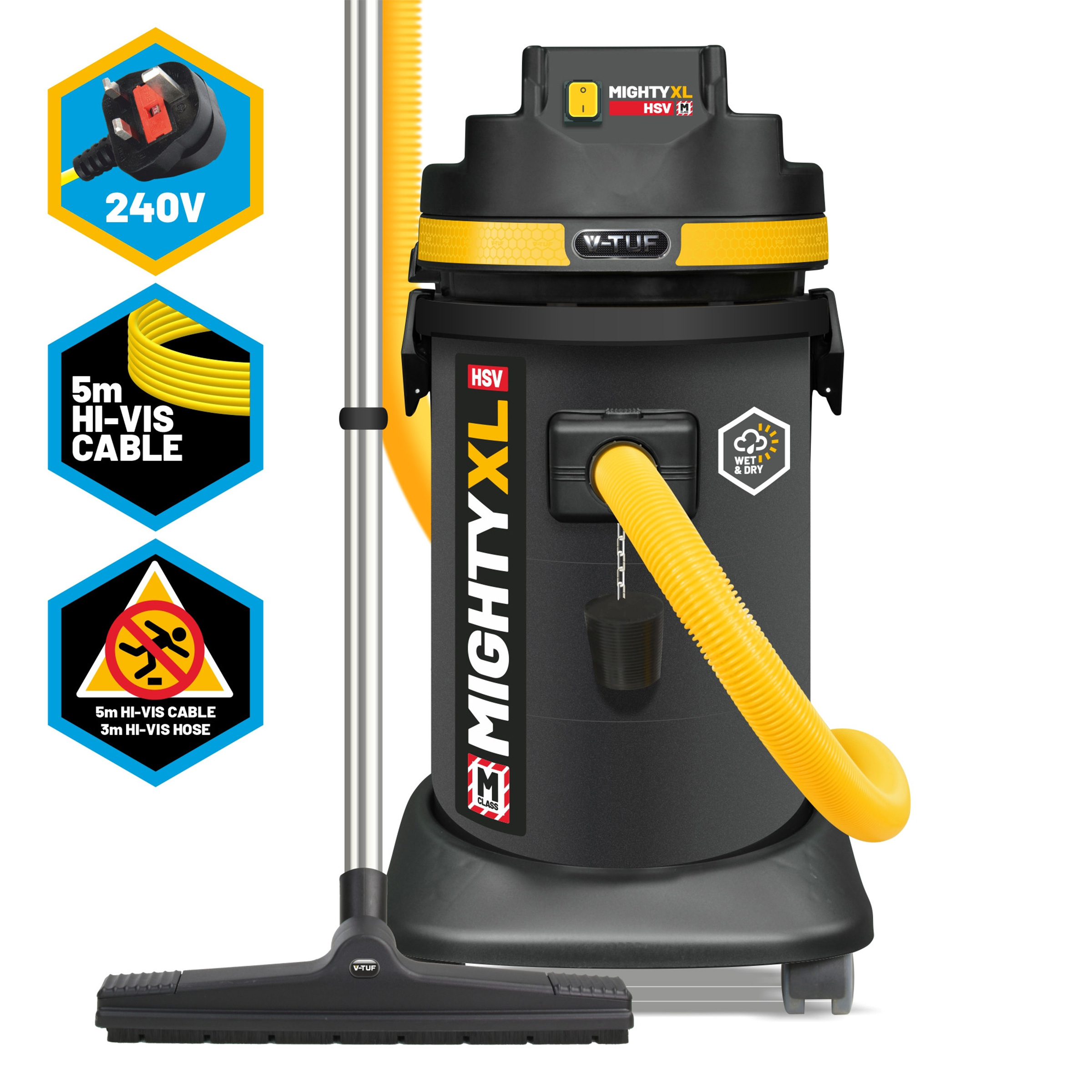 V-TUF MIGHTY XL HSV M-Class Wet & Dry Dust Extractor 37L - Health & Safety Version (240V)