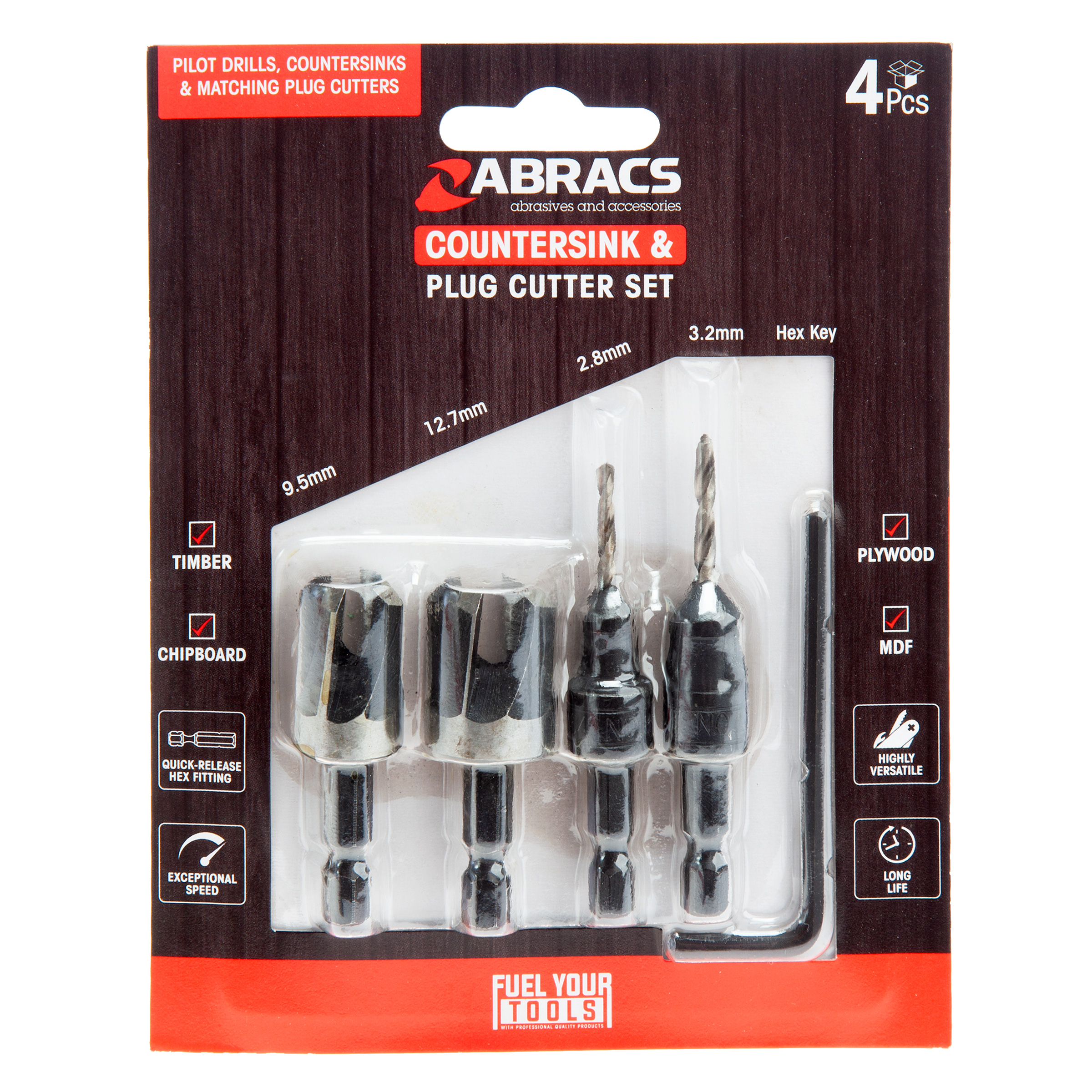 Abracs CSDBSET4 Expert Countersink Drill Bit & Plug Cutter Set (4 Piece)
