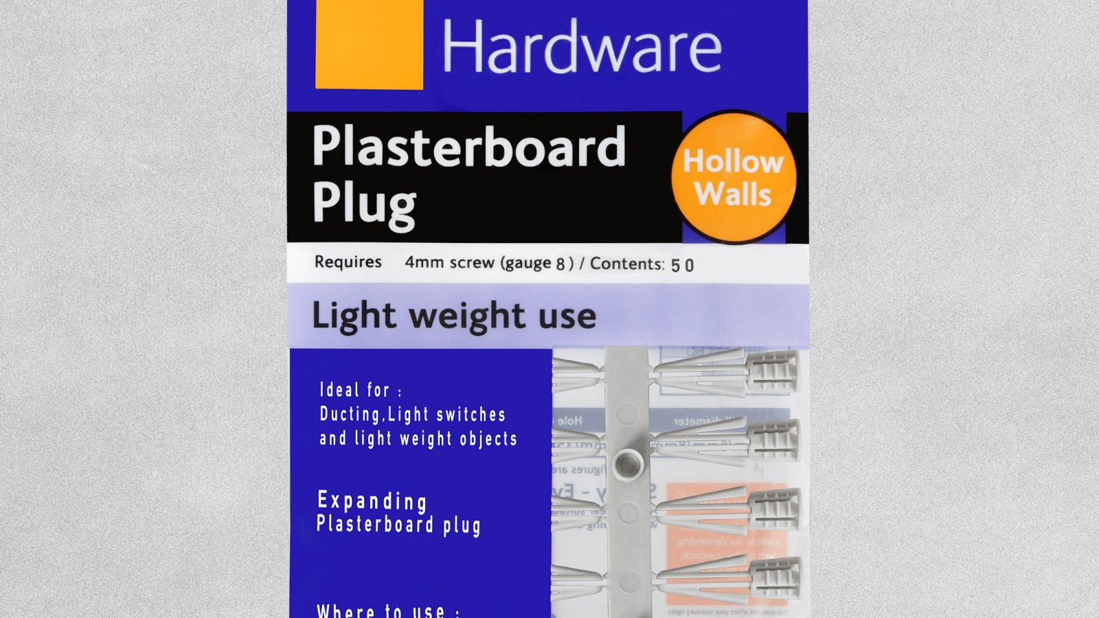 Hollow Wall Plasterboard Plug Light Weight Fixing – 4mm Screw (Gauge 8) Pack of 50