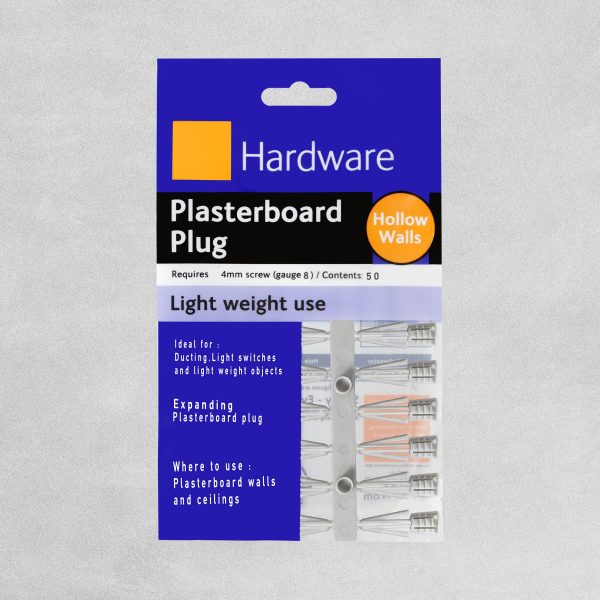 Hollow Wall Plasterboard Plug Light Weight Fixing - 4mm Screw (Gauge 8) Pack of 50