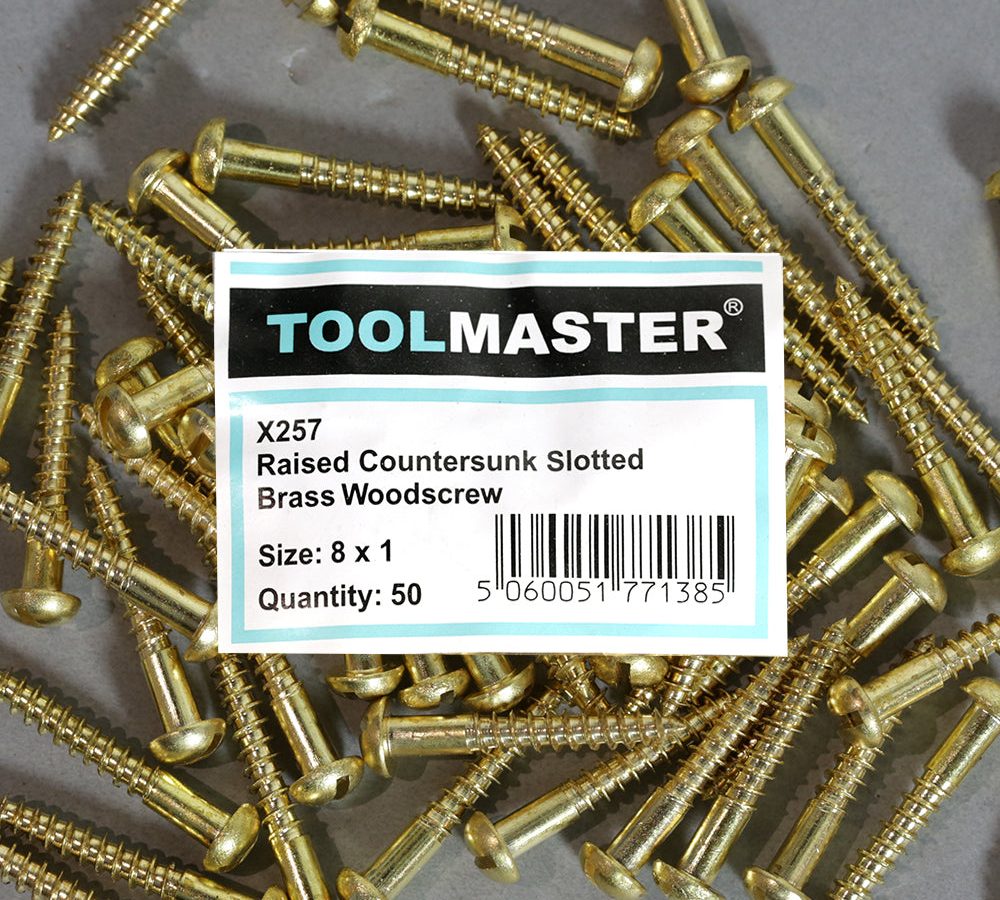Toolmaster Raised Countersunk Slotted Brass Wood Screw 8 x 1
