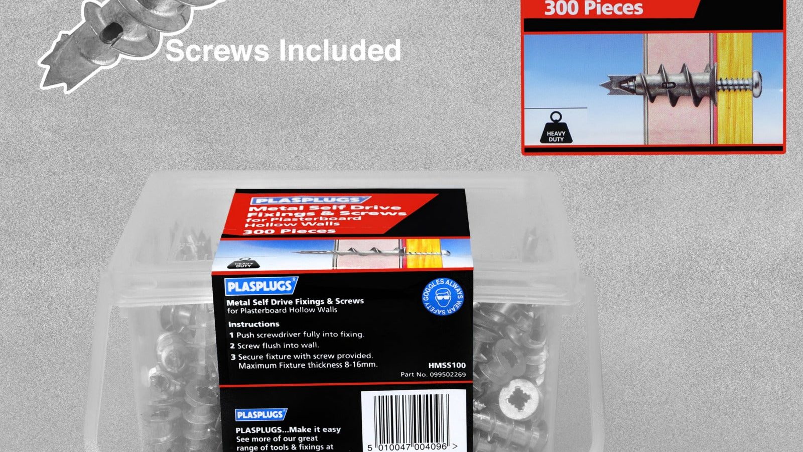 Plasplugs Metal Self Drive Fixings & Screws – 300 pieces (150 screws/150 plugs)