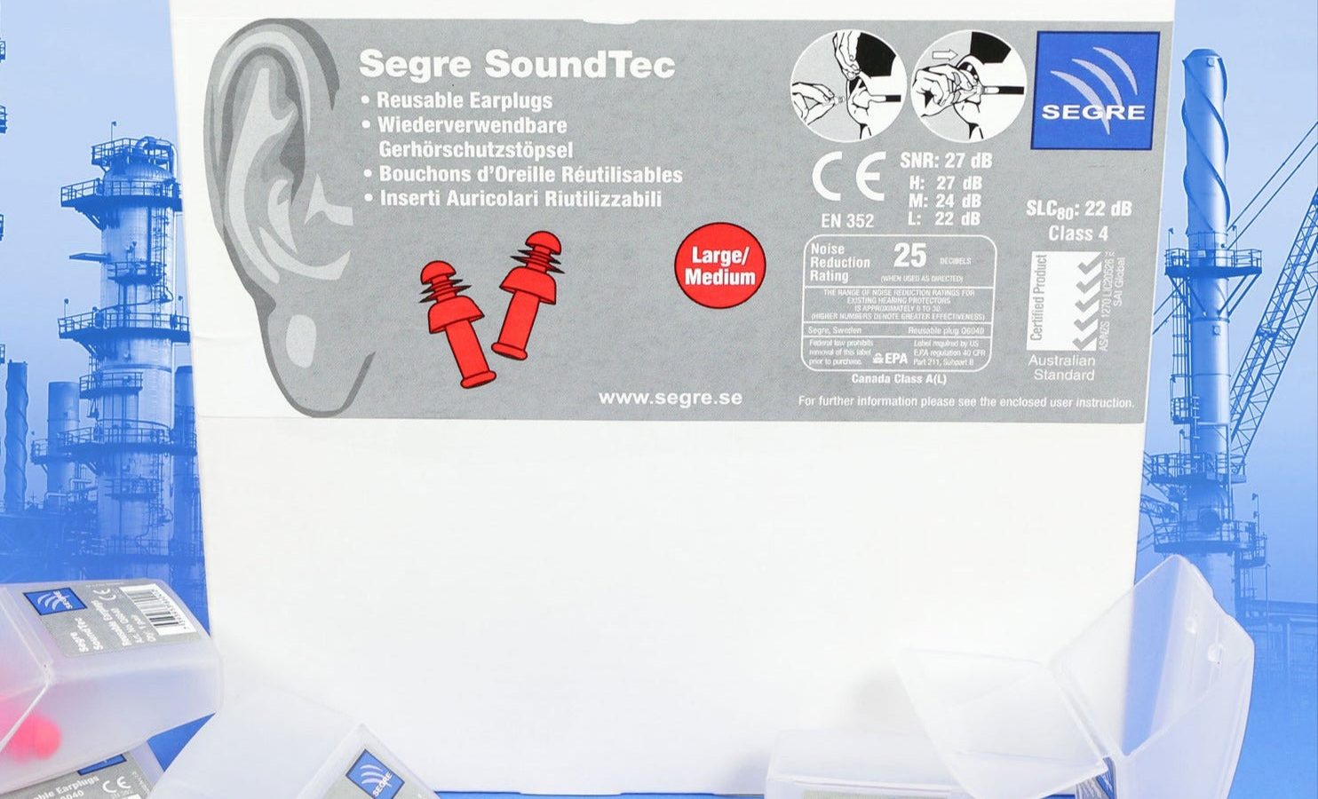 50 Pairs Of Segre SoundTec Medium/Large Reusable Earplugs In Carry Cases EN352