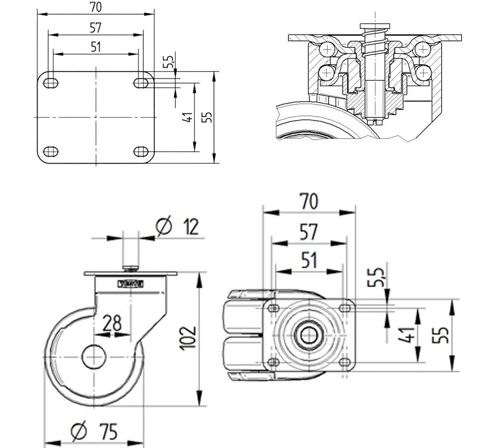 Tente Swivel Castor Wheel 75mm