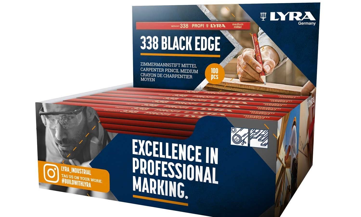 Lyra L4281103 338 PROFI Black Edge HB Carpenters’ Pencil 180mm Display (Box of 100)