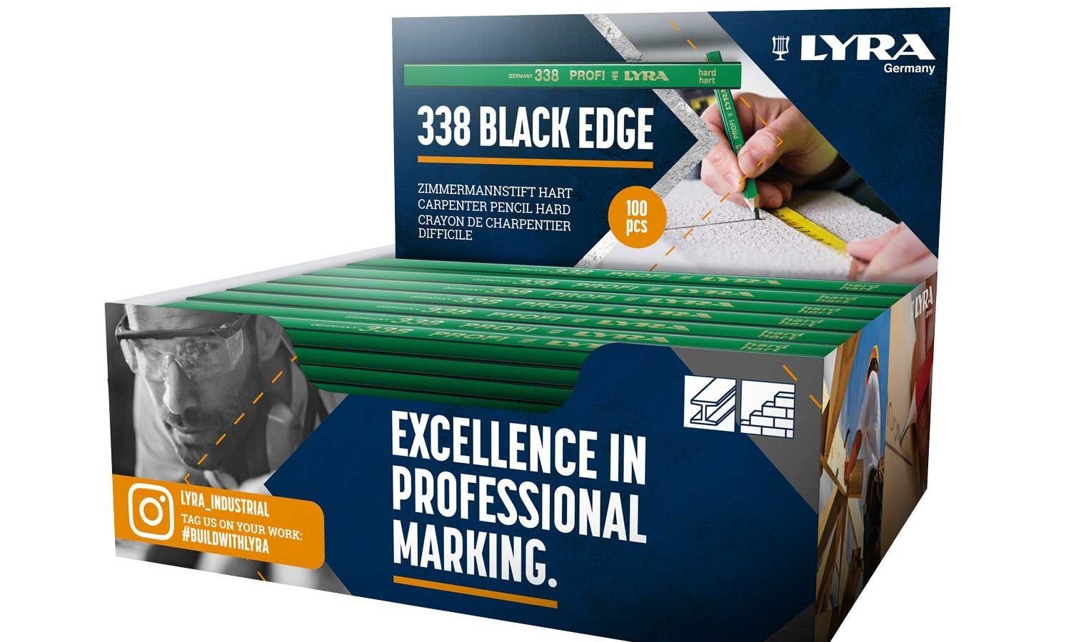 Lyra L4291103 338 PROFI Black Edge 10H Carpenters’ Pencil 180mm Display (Box of 100)