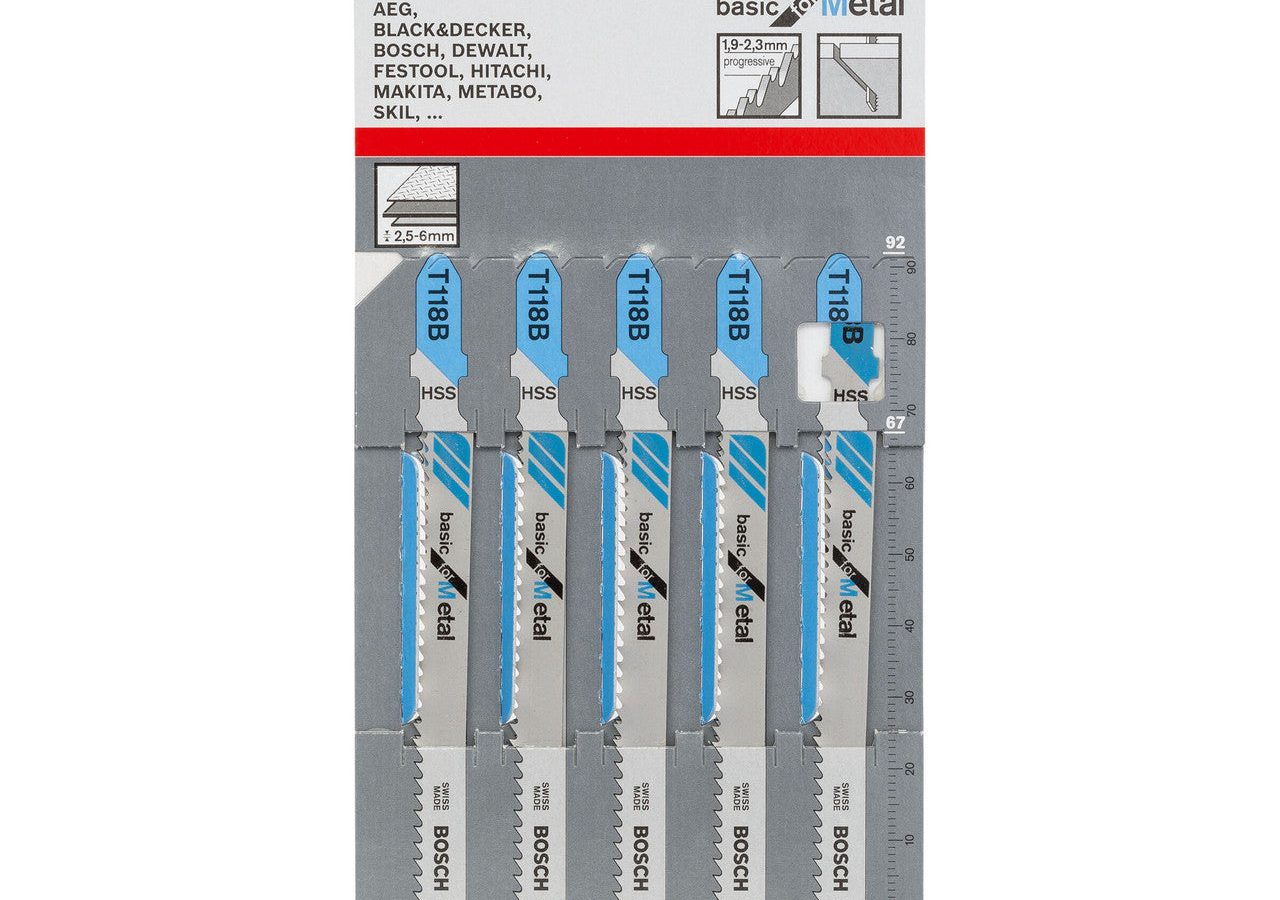 Bosch 2608631014 T118B HSS Basic Jigsaw Blade for Medium-Thick Metal 92mm (Pack of 5)