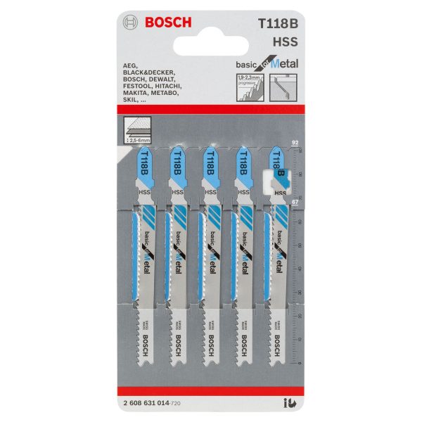 Bosch 2608631014 T118B HSS Basic Jigsaw Blade for Medium-Thick Metal 92mm (Pack of 5)