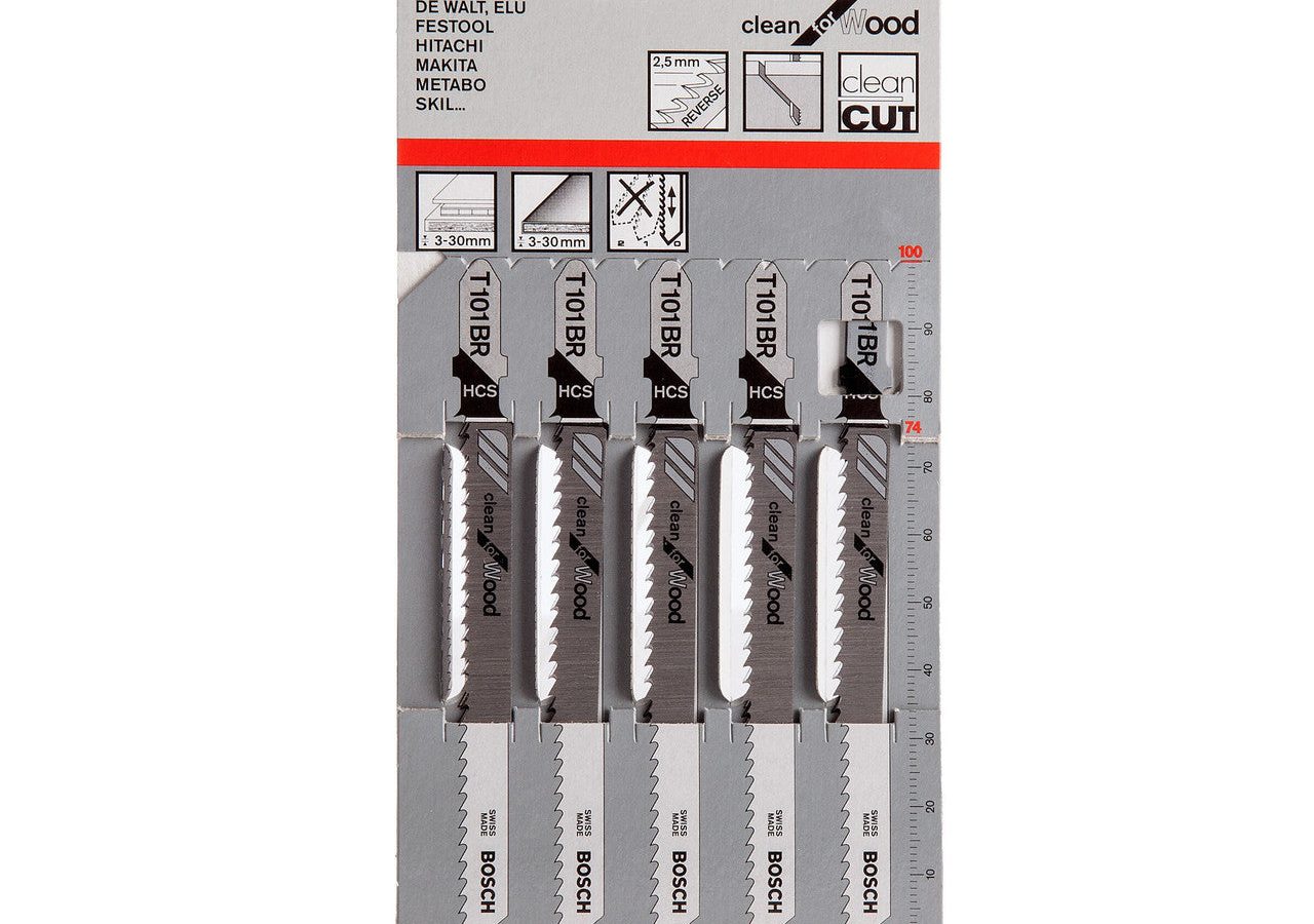 Bosch 2608630014 T101BR HCS Reverse-Cut Clean Jigsaw Blade for Wood 100mm 10TPI (Pack of 5)