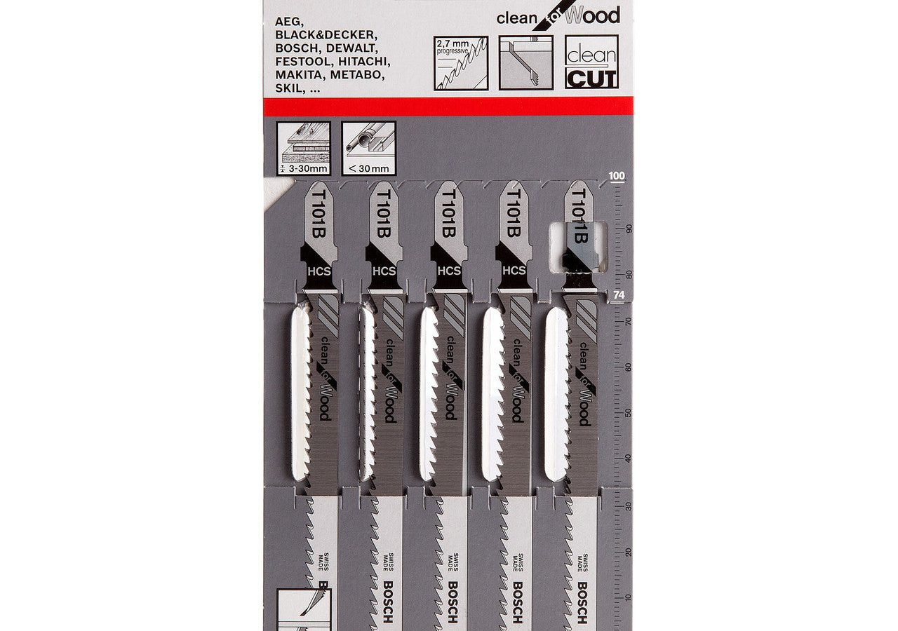 Bosch 2608630030 T101B HCS Clean Jigsaw Blade for Wood 100mm (Pack of 5)