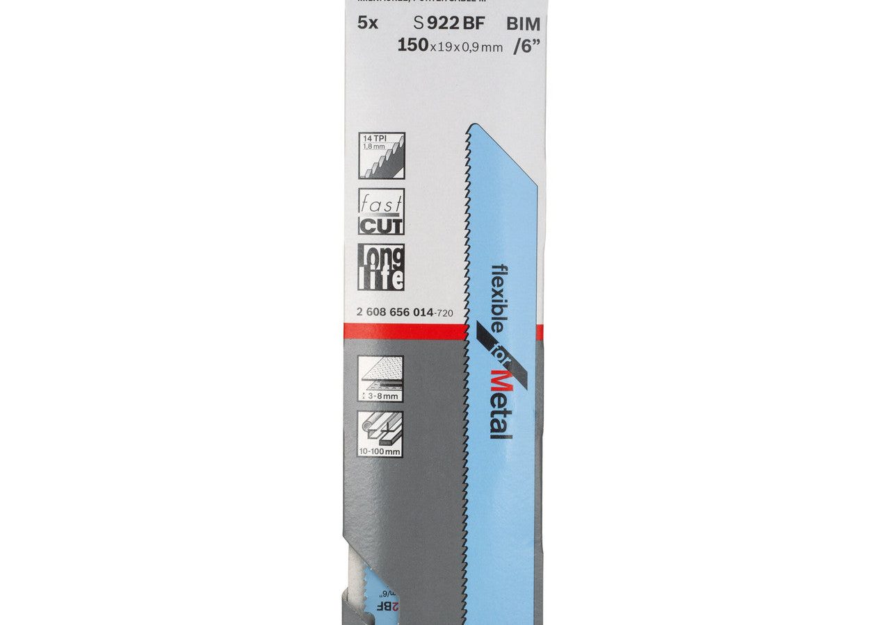 Bosch 2608656014 S922BF Bi-Metal Flexible Reciprocating Saw Blade for Medium-Thick Metal 150mm 14TPI (Pack of 5)