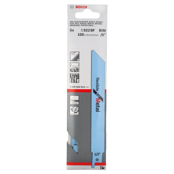 Bosch 2608656014 S922BF Bi-Metal Flexible Reciprocating Saw Blade for Medium-Thick Metal 150mm 14TPI (Pack of 5)