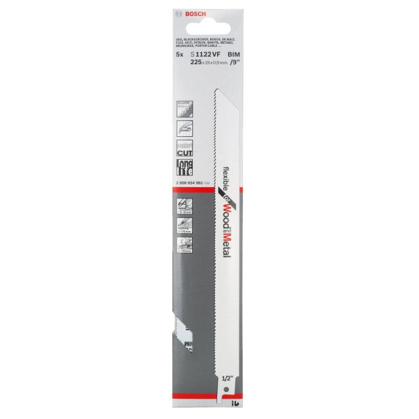 Bosch 2608654981 S1122VF Bi-Metal Flexible Reciprocating Saw Blade for Wood & Metal 225mm 10-14TPI (Pack of 5)