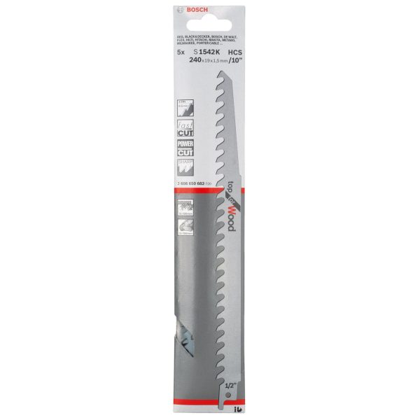 Bosch 2608650682 S1542K HCS Top Reciprocating Saw Blade for Wood 240mm 3TPI (Pack of 5)
