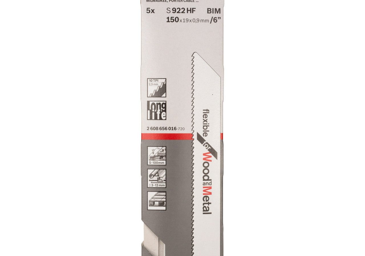 Bosch 2608656016 S922HF Bi-Metal Flexible Reciprocating Saw Blade for Wood & Metal 150mm 10TPI (Pack of 5)
