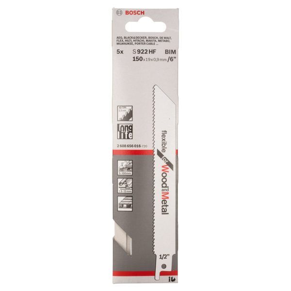 Bosch 2608656016 S922HF Bi-Metal Flexible Reciprocating Saw Blade for Wood & Metal 150mm 10TPI (Pack of 5)