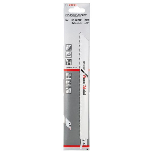 Bosch 2608656021 S1122HF Bi-Metal Flexible Reciprocating Saw Blade for Wood & Metal 225mm 10TPI (Pack of 5)