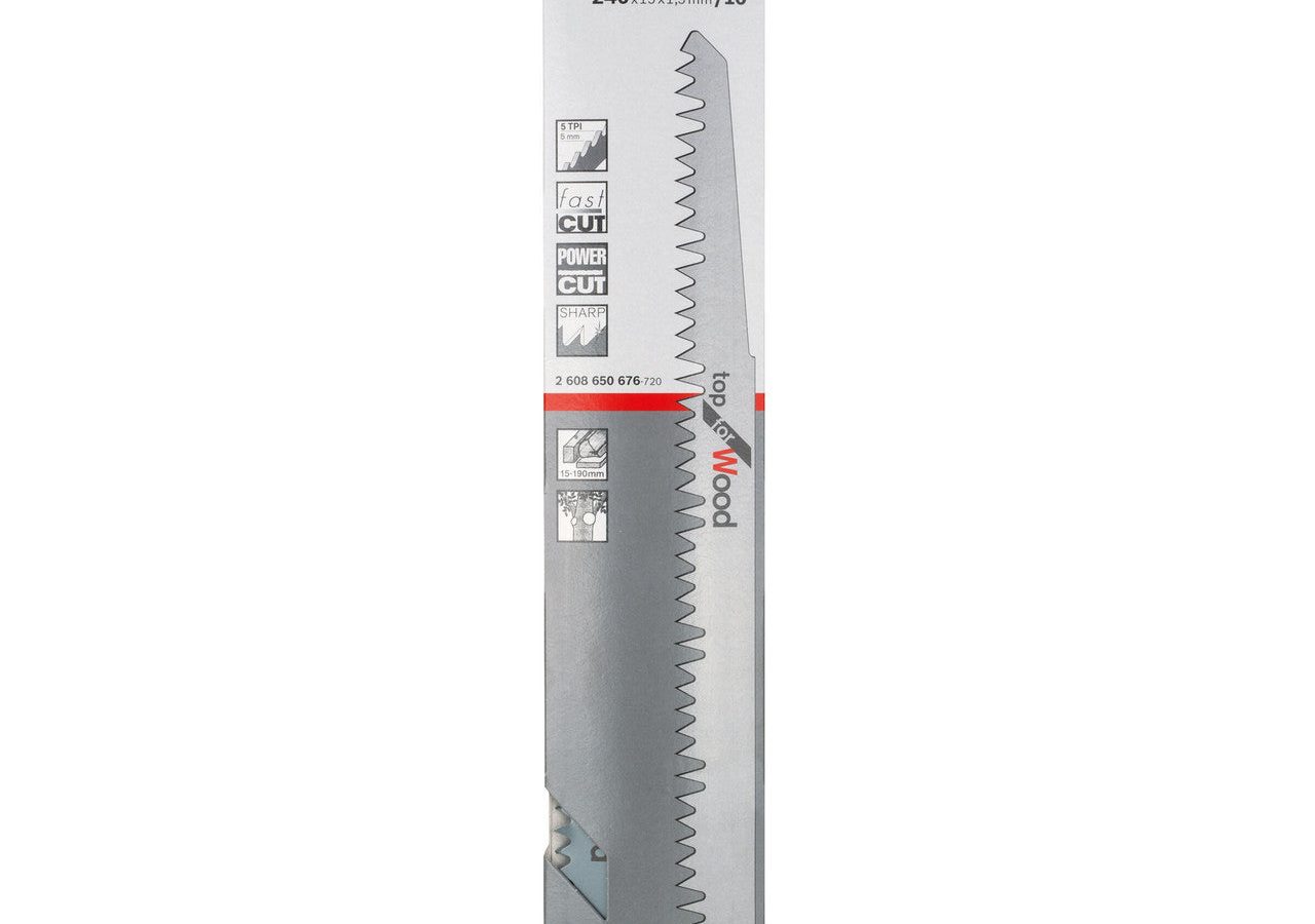 Bosch 2608650676 S1531L HCS Top Reciprocating Saw Blade for Wood 240mm 5TPI (Pack of 5)