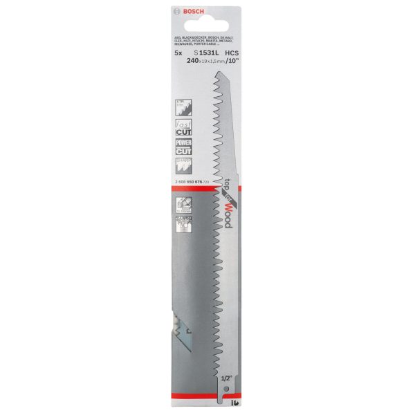 Bosch 2608650676 S1531L HCS Top Reciprocating Saw Blade for Wood 240mm 5TPI (Pack of 5)