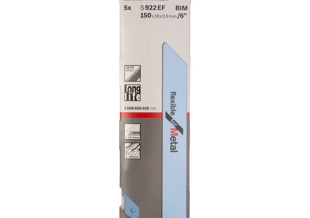 Bosch 2608656015 S922EF Bi-Metal Flexible Reciprocating Saw Blade for Thin Metal 150mm 18TPI (Pack of 5)