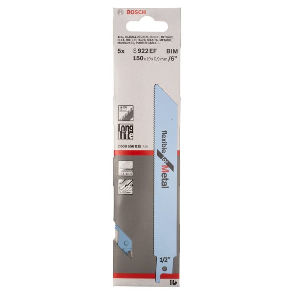 Bosch 2608656015 S922EF Bi-Metal Flexible Reciprocating Saw Blade for Thin Metal 150mm 18TPI (Pack of 5)