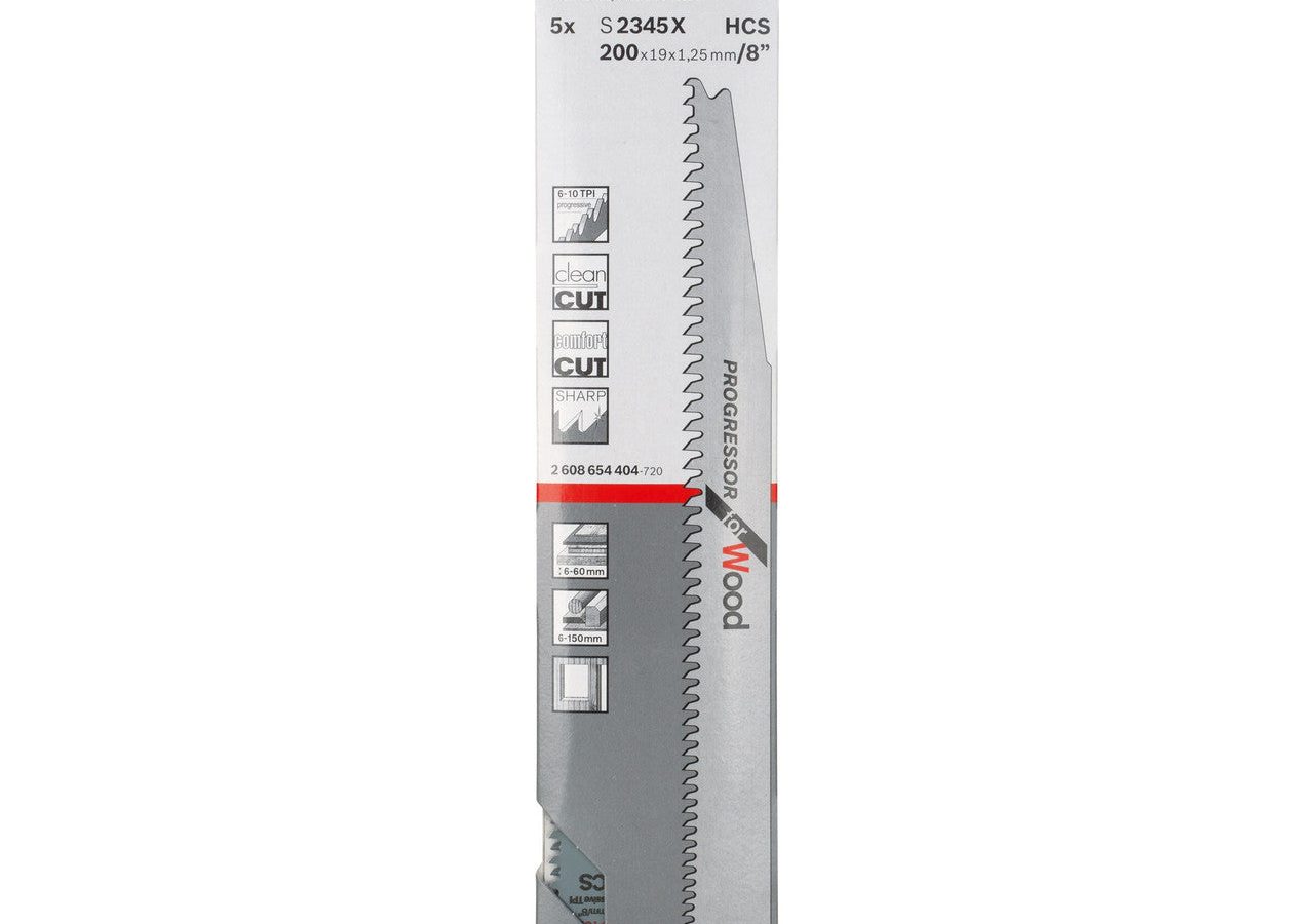 Bosch 2608654404 S2345X HCS Progressor Reciprocating Saw Blade for Wood 200mm 6-10TPI (Pack of 5)