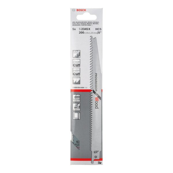 Bosch 2608654404 S2345X HCS Progressor Reciprocating Saw Blade for Wood 200mm 6-10TPI (Pack of 5)