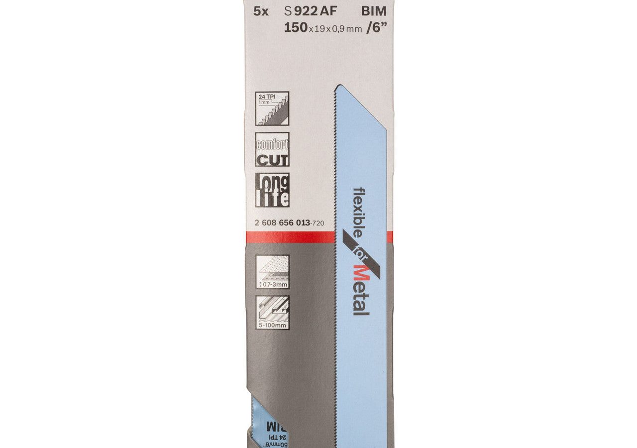 Bosch 2608656013 S922AF Bi-Metal Flexible Reciprocating Saw Blade for Thin Metal 150mm 24TPI (Pack of 5)
