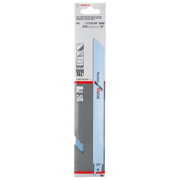 Bosch 2608656018 S1122AF Bi-Metal Flexible Reciprocating Saw Blade for Thin Metal 225mm 24TPI (Pack of 5)
