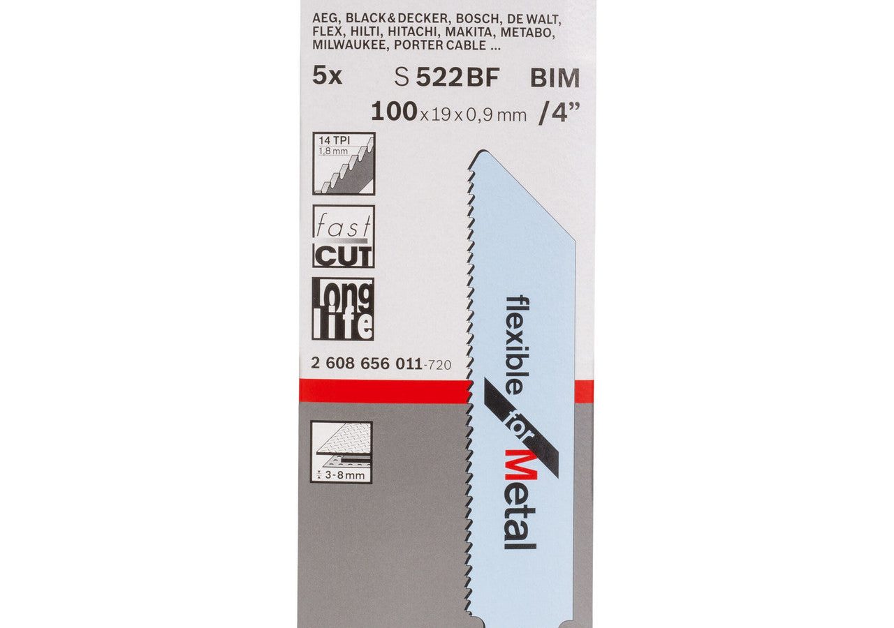 Bosch 2608656011 S522BF Bi-Metal Flexible Reciprocating Saw Blade for Medium-Thick Metal 100mm 14TPI (Pack of 5)
