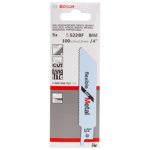 Bosch 2608656011 S522BF Bi-Metal Flexible Reciprocating Saw Blade for Medium-Thick Metal 100mm 14TPI (Pack of 5)