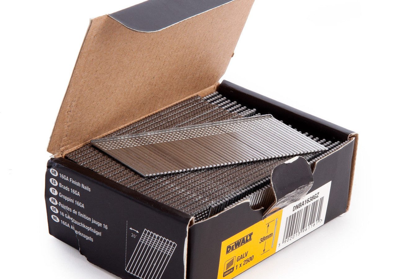 DeWalt DNBA1638GZ Galvanised 20° Angled Finish Nails 16Ga 38mm (Pack of 2500)