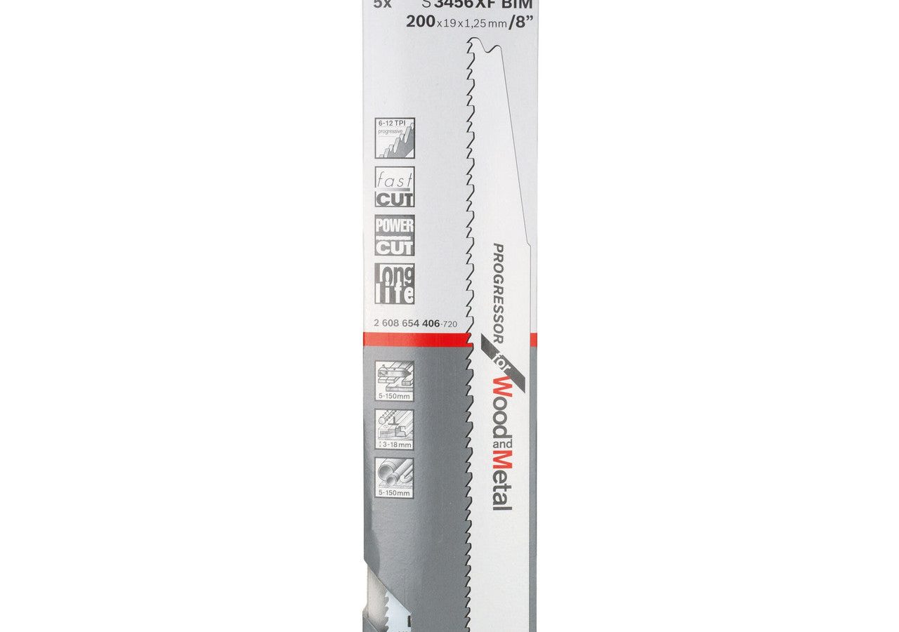 Bosch 2608654406 S3456XF Bi-Metal Progressor Reciprocating Saw Blade for Wood & Metal 200mm 6-12TPI (Pack of 5)