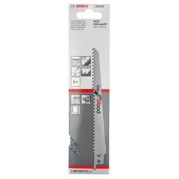 Bosch 2608650673 S644D HCS Top Reciprocating Saw Blade for Wood 150mm 6TPI (Pack of 5)