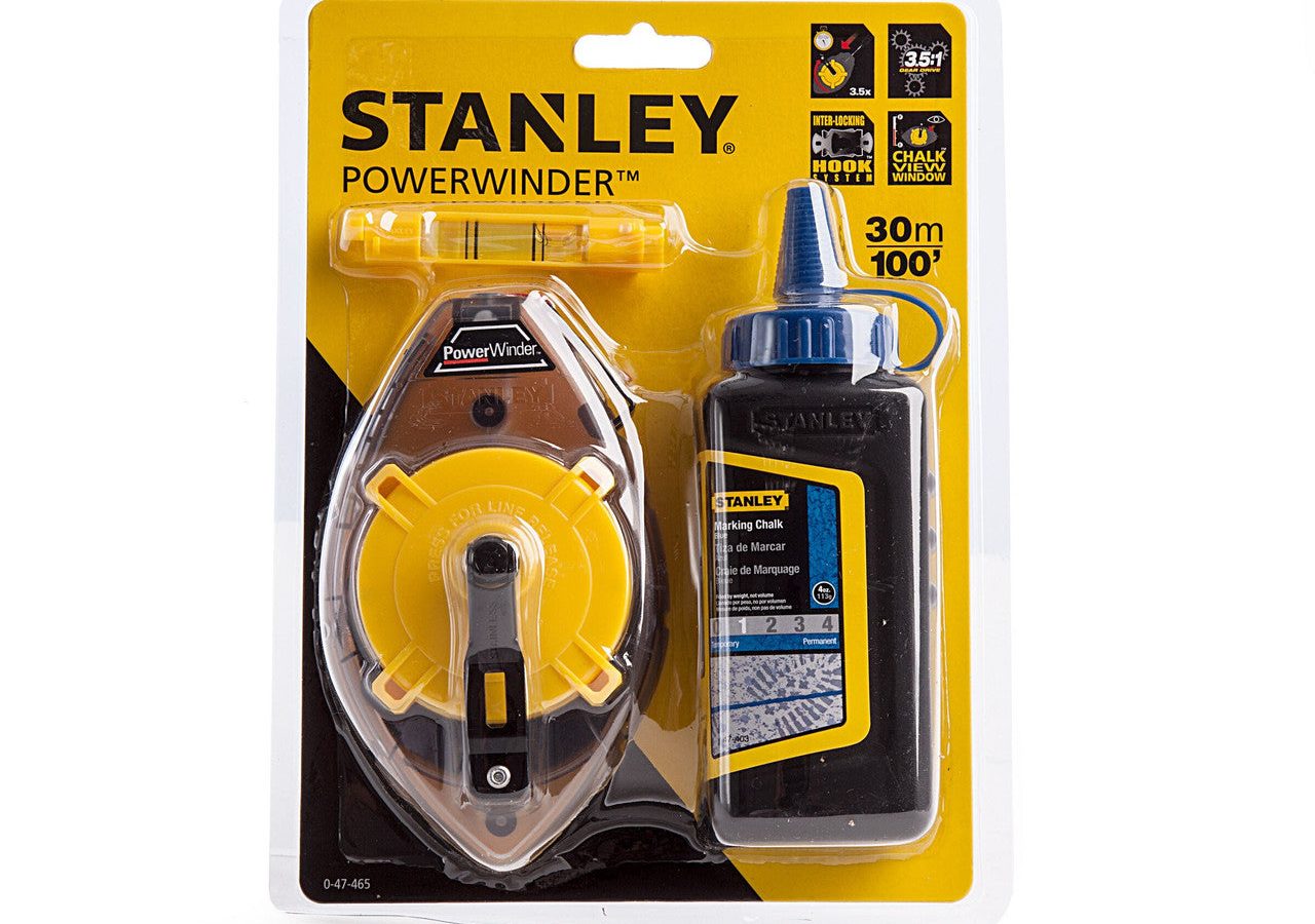 Stanley 0-47-465 PowerWinder Chalk Line, Level & Blue Builders Chalk