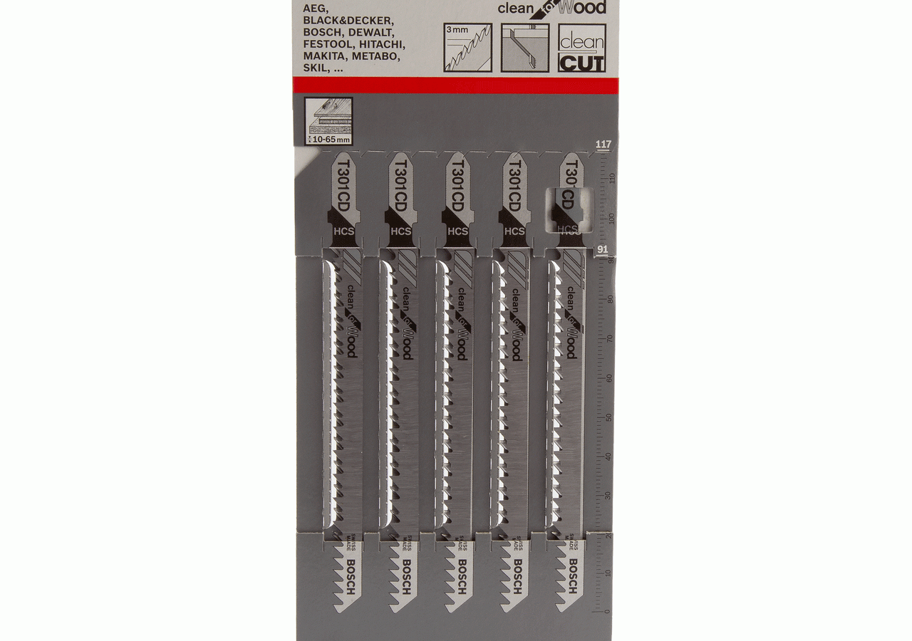 Bosch 2608637590 T301CD HCS Clean Jigsaw Blade for Wood 117mm (Pack of 5)