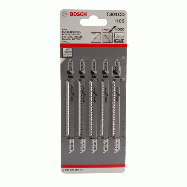Bosch 2608637590 T301CD HCS Clean Jigsaw Blade for Wood 117mm (Pack of 5)