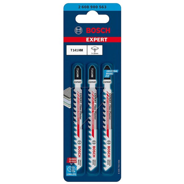 Bosch 2608900563 EXPERT T141HM Carbide Jigsaw Blade for Fibre Cement & Plasterboard 100mm 6TPI (Pack of 3)