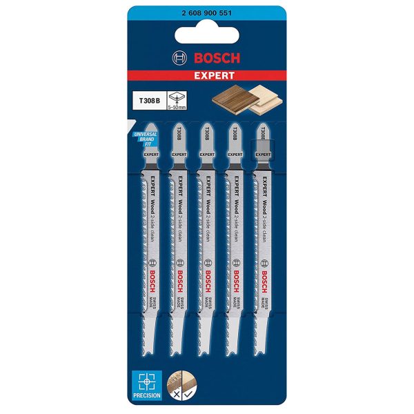 Bosch 2608900551 EXPERT T308B HCS 2-Side Clean Jigsaw Blade for Wood 117mm 12TPI (Pack of 5)
