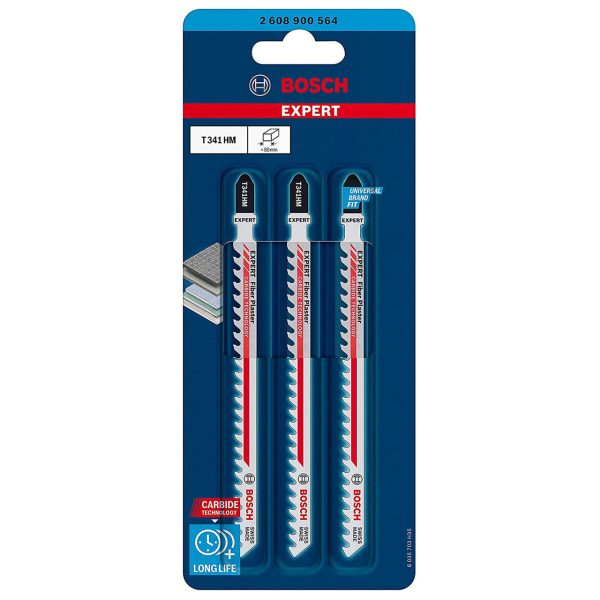 Bosch 2608900564 EXPERT T341HM Carbide Jigsaw Blade for Fibre Cement & Plasterboard 132mm 6TPI (Pack of 3)