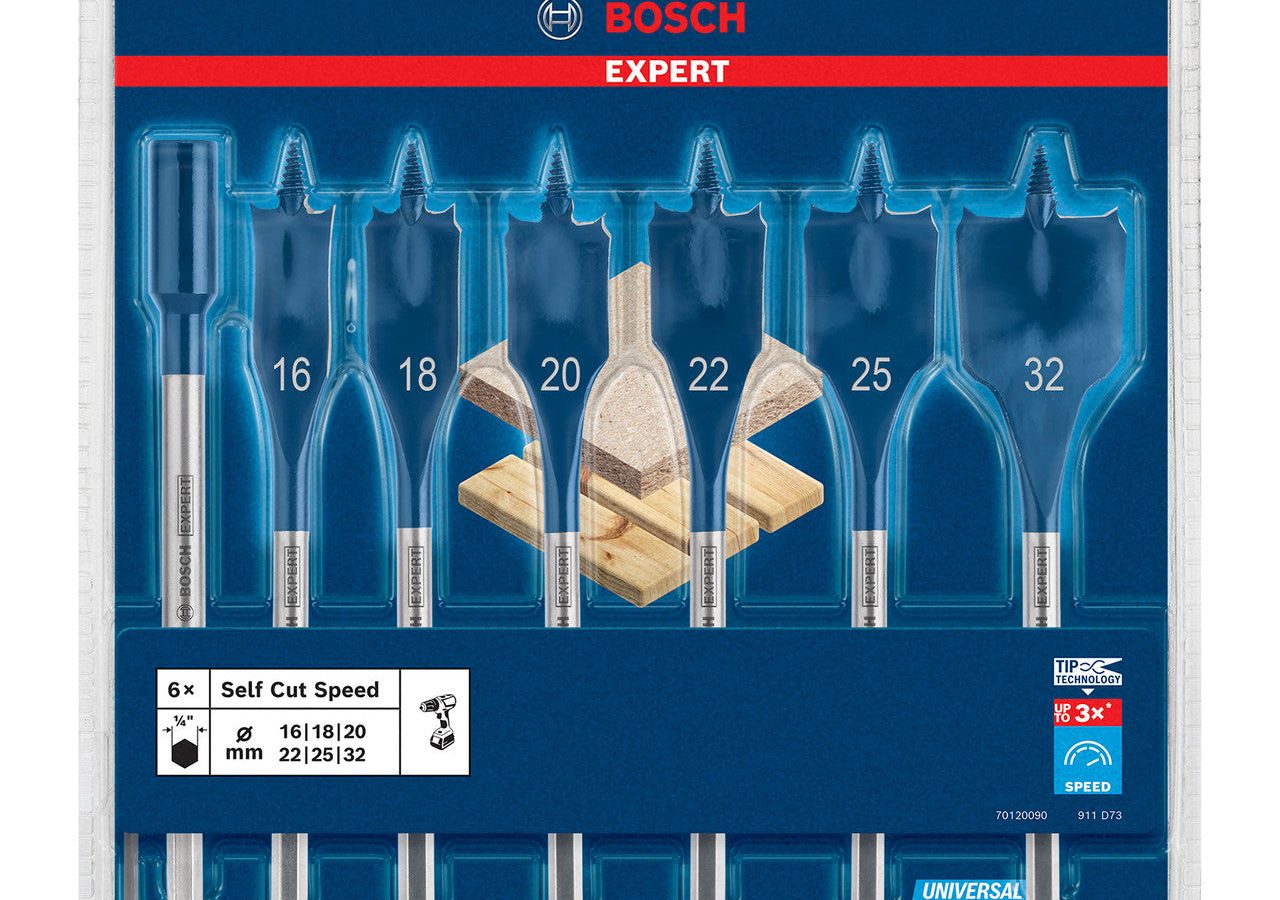 Bosch 2608900334 EXPERT Self Cut Speed Spade Drill Bit Set for Wood 16-32mm + 152mm Extension (7 Piece)