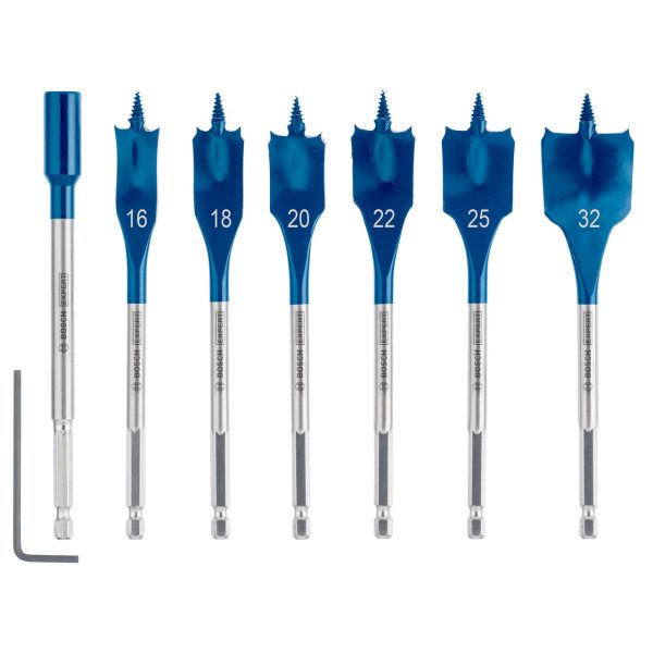 Bosch 2608900334 EXPERT Self Cut Speed Spade Drill Bit Set for Wood 16-32mm + 152mm Extension (7 Piece)